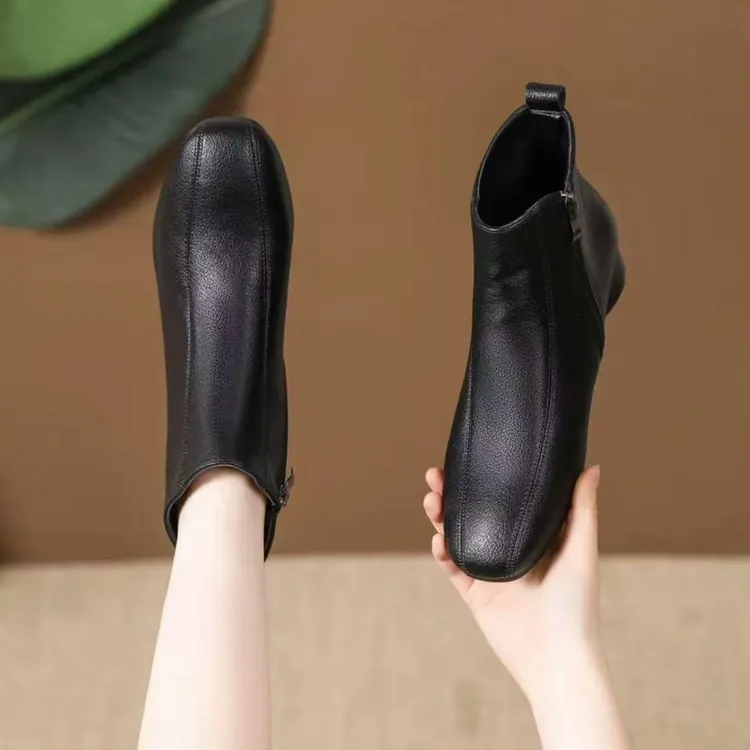 法式复古女靴子短靴低跟粗跟皮靴方头秋冬