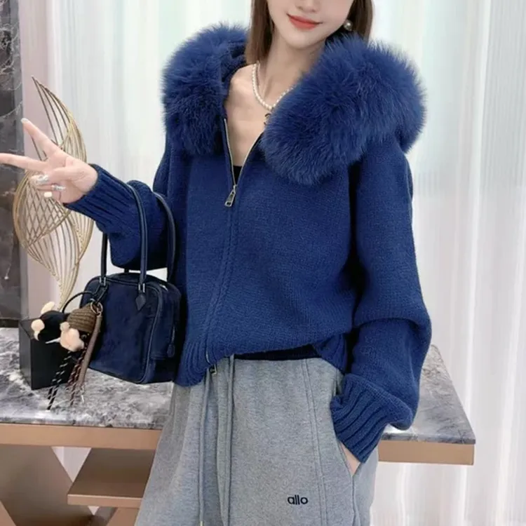 【绒雪环颈】2025新款秋冬毛领加厚针织帽衫外套女慵懒风千金风毛衣