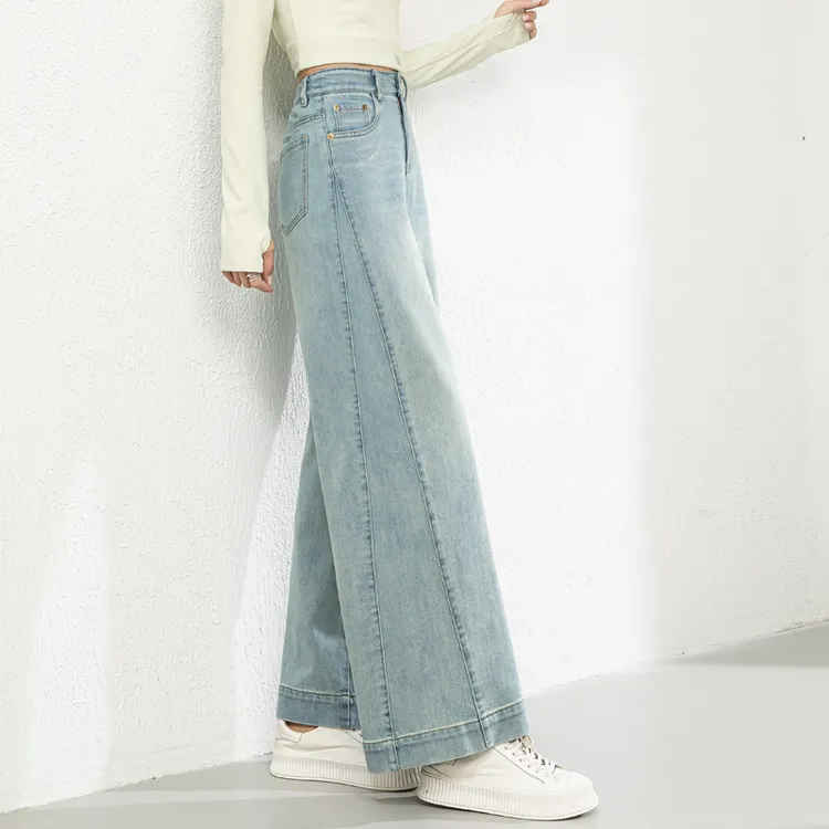 浅蓝高腰牛仔裤女款爆款2025新款春秋百搭显瘦水洗拼接阔腿裤长裤