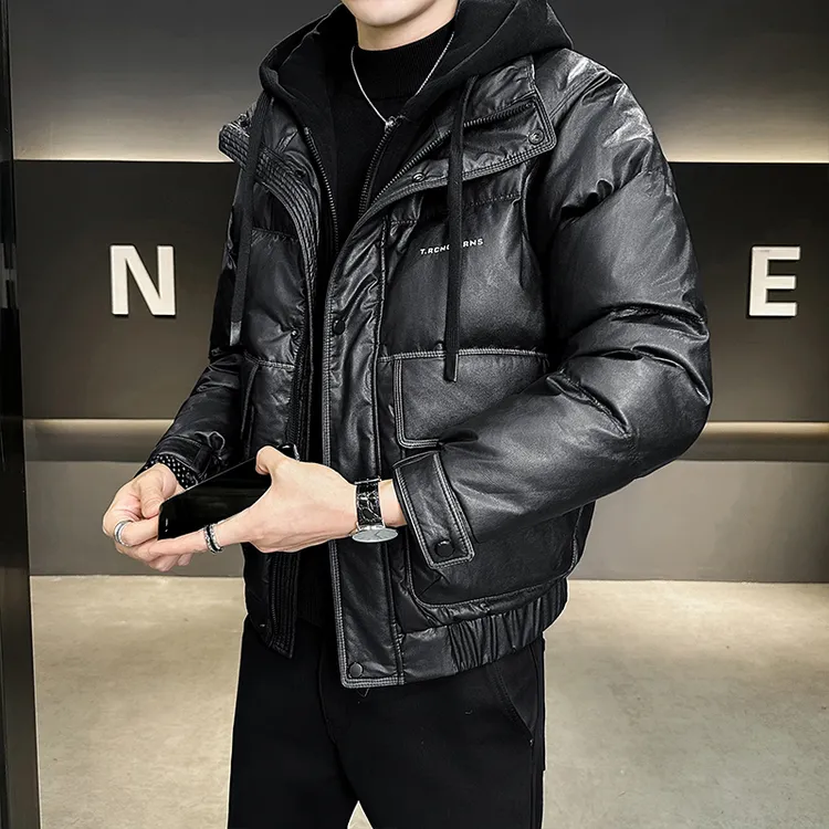 假两件连帽男士羽绒服冬季2025新款帅气休闲保暖男装pu皮衣服外套