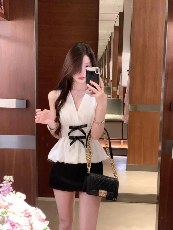 纯欲风辣妹性感气质蝴蝶结法式V领背心上衣高腰修身显瘦包臀短裙