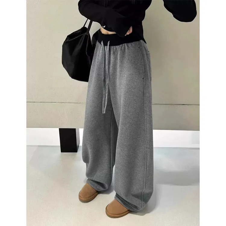 秋冬季高级感抽绳加绒运动裤女宽松显瘦弯刀卫裤休闲灰色阔腿裤子