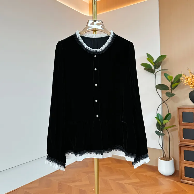 100桑蚕丝真丝丝绒上衣小香风拼色显瘦黑色百搭衬衫微胖大码女装