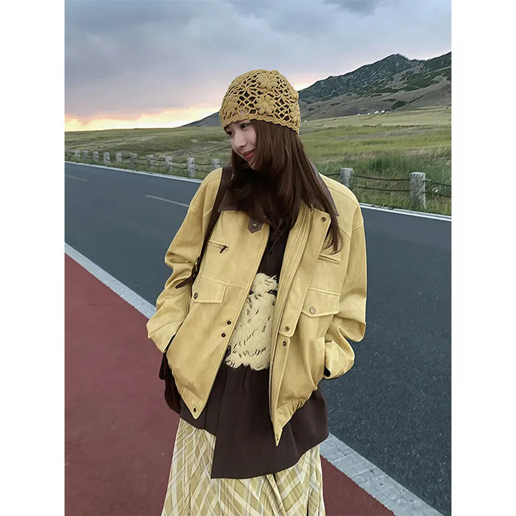 复古黄色PU皮衣翻领夹克外套女秋季新款拉链设计感宽松休闲机车服
