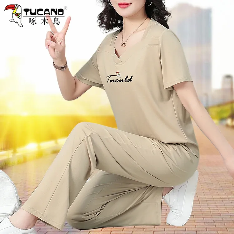 啄木鸟休闲服两件套2025夏季薄款时尚洋气冰丝短袖长裤运动套装女