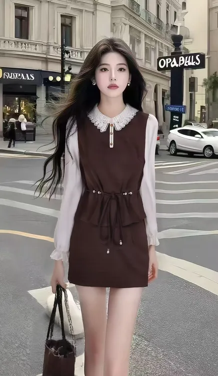 早秋新款简约小香风撞色长袖圆领上衣+咖色百搭半身裙显瘦两件套