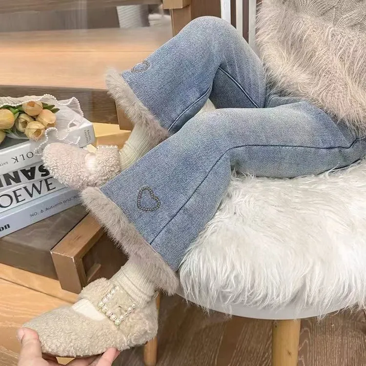 女童牛仔裤秋冬喇叭裤洋气时髦弹力花边长裤加绒一体绒时尚裤子潮