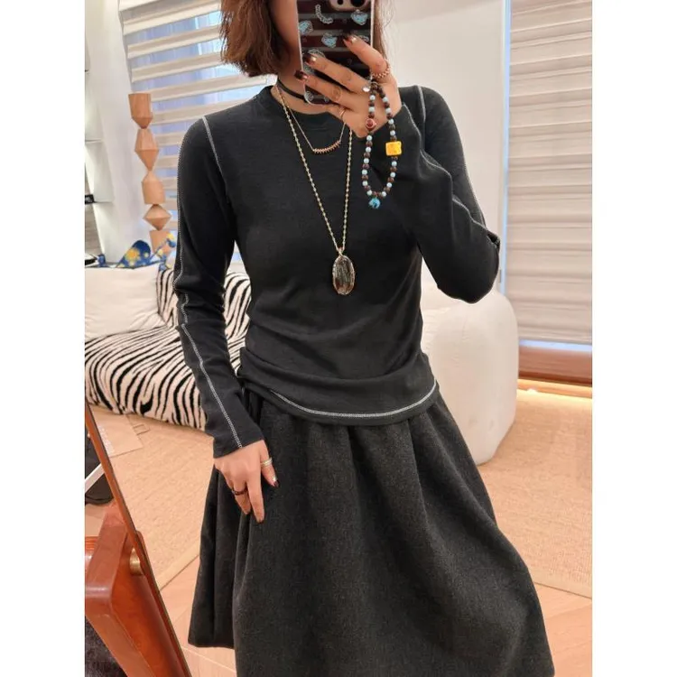 XMM.【明线加绒圆领长袖T恤】打底保暖洋气修身休闲高弹力冬季G9036