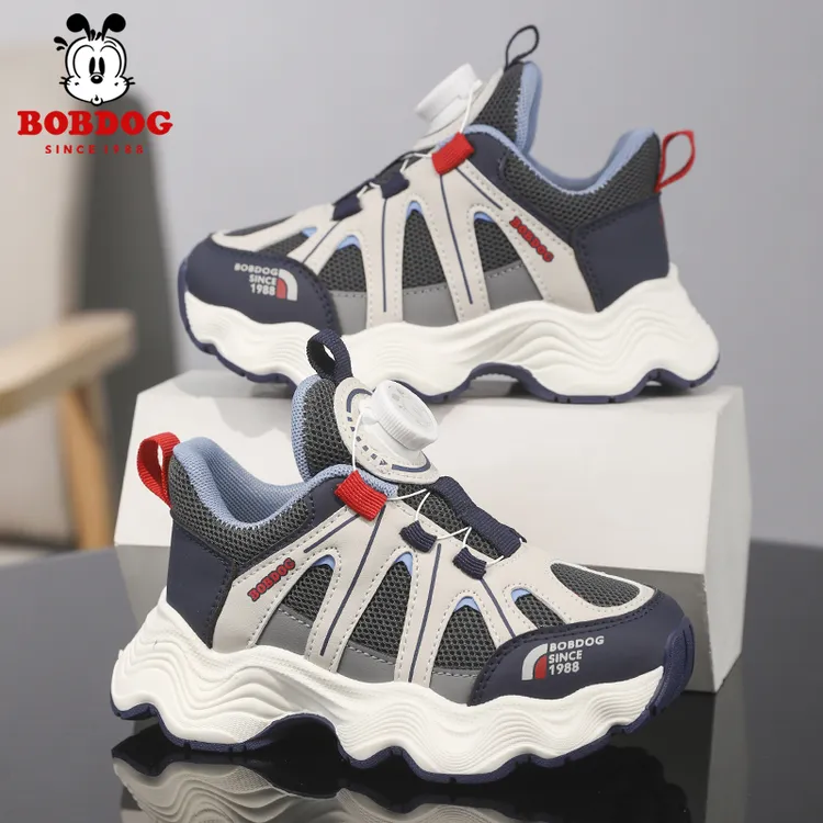 Bobdog/巴布豆秋季皮面双网运动旋转纽扣运动鞋男女童跑步儿童鞋