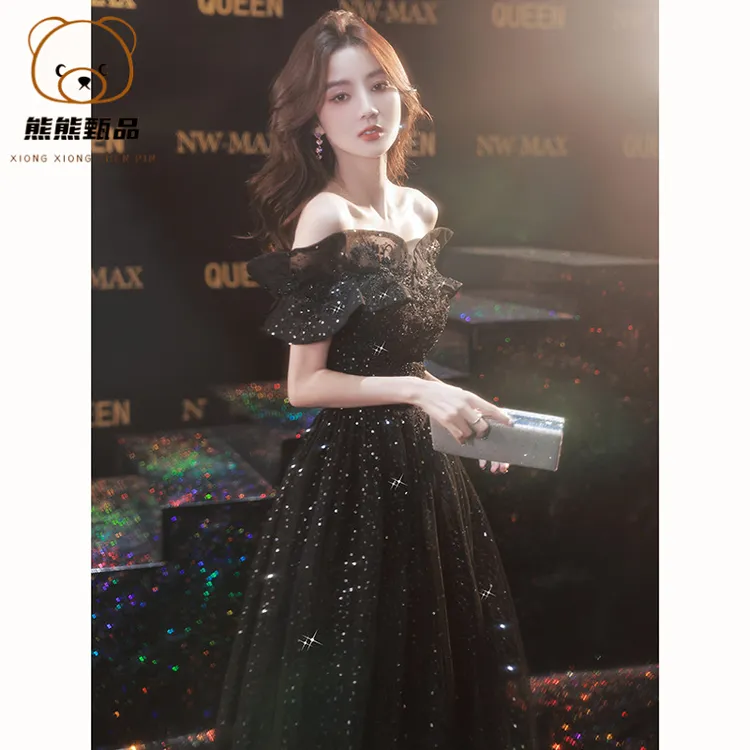 宴会法式晚礼服裙双12新款轻奢小众气质黑色一字肩主持人艺考礼by