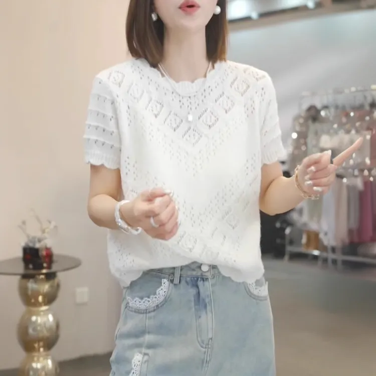 钩花镂空针织衫短袖t恤女2025夏季新款气质百搭圆领薄款冰丝上衣