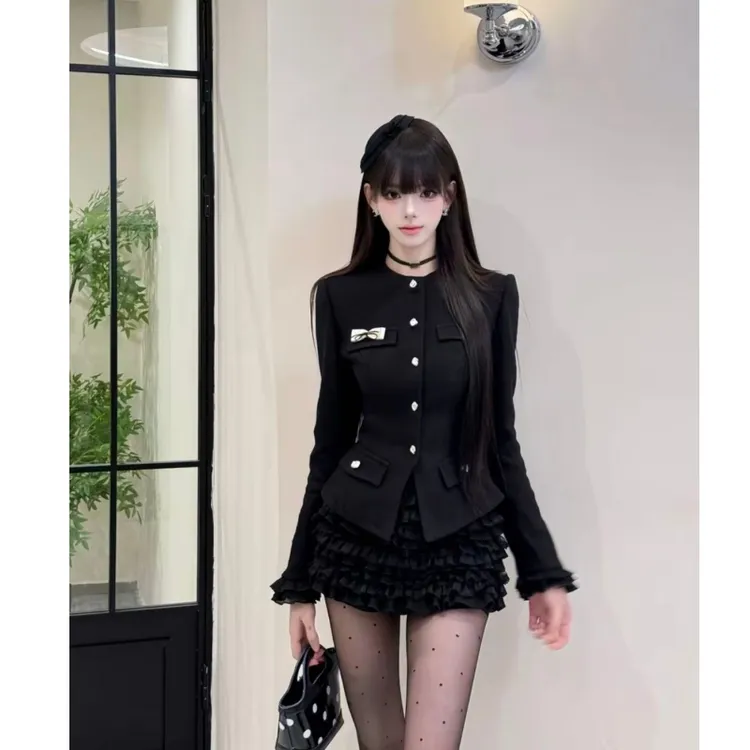 小香风套装秋冬辣妹小个子时尚设计感收腰毛呢外套百褶短裙两件套