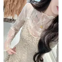 李潇洒【叠叠乐】微胖大码秋款木耳边半高领网纱蕾丝气质透感打底衫