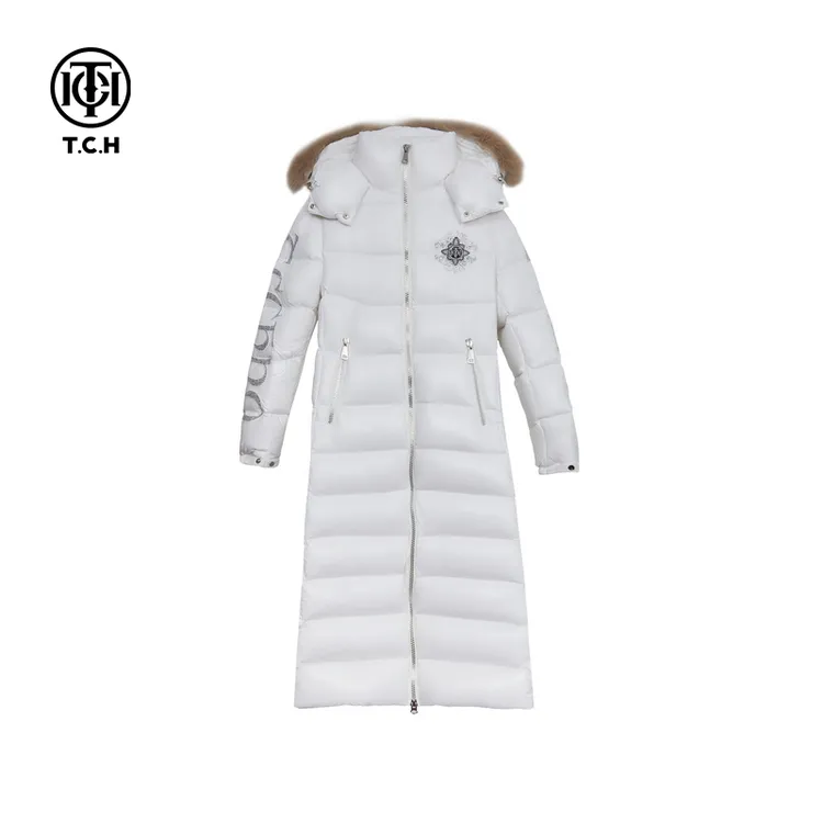 TCH烫钻字母时尚简约大毛领过膝长款加厚白鸭绒羽绒服T72D198011