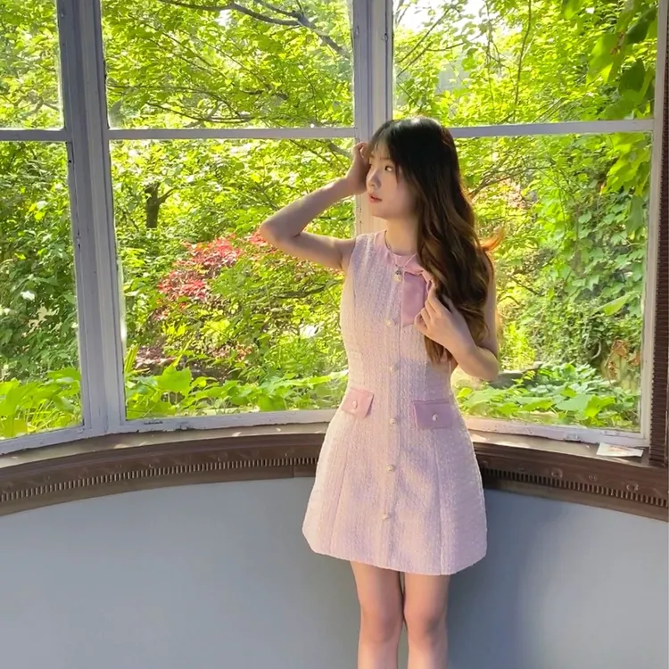 法式重工财阀千金女装气质显瘦中长裙蝴蝶结拼接修身无袖连衣裙女