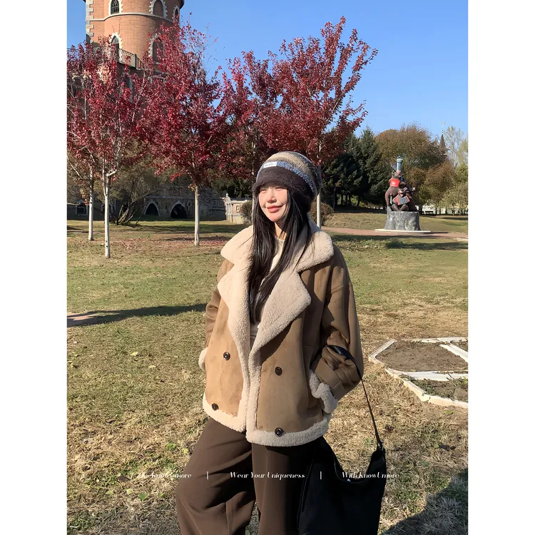 知葵微胖定制【暮色暖冬】秋冬百搭麂皮翻驳领毛呢外套12253MN0285