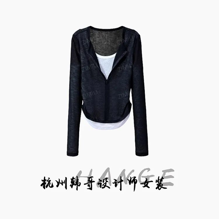 【韩哥女装】纯黑色轻薄上衣假两件撞色冰凉感网纱皮肤衣7285-A4