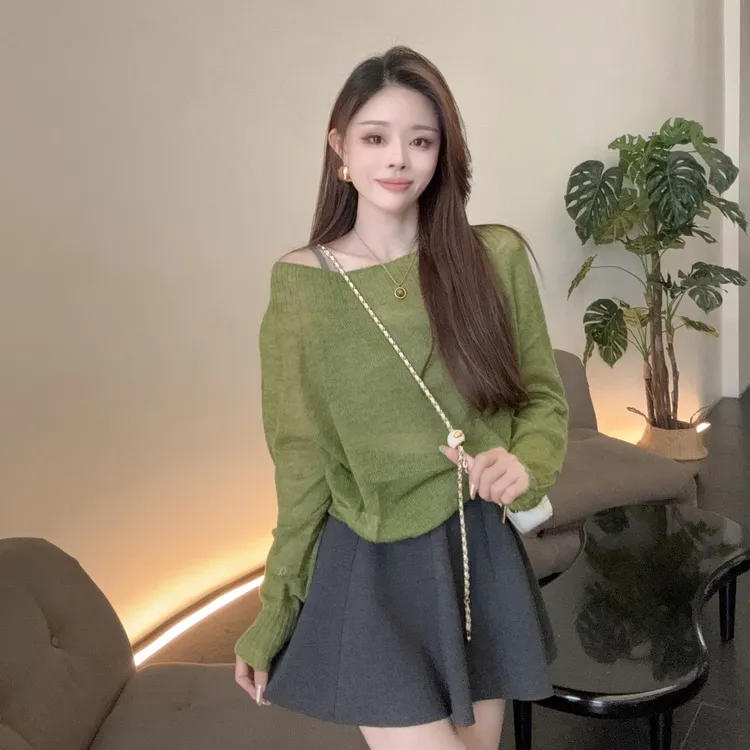 【晓溪服饰】长袖女秋季宽松显瘦薄款打底衫针织纯色毛针织衫6523