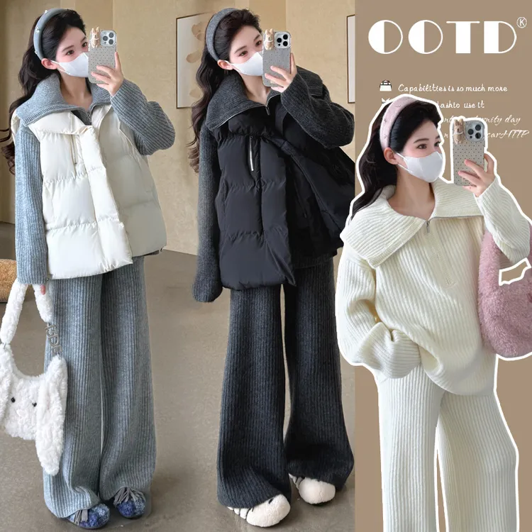 【米米妈】孕妇秋冬软糯亲肤拉链时尚大翻领毛衣休闲款时尚宽松套装