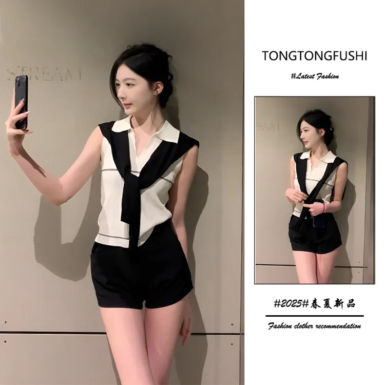 夏季2025新款一整套女装韩系穿搭时尚气质百搭上衣披肩短裤三件套