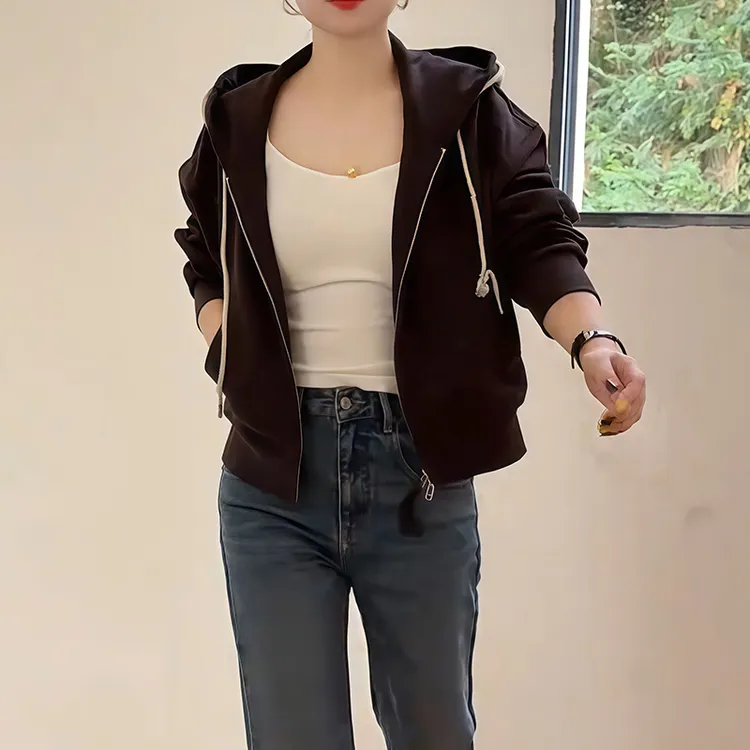 时尚休闲高级感咖色撞色连帽卫衣女秋新款百搭洋气拉链开衫短外套