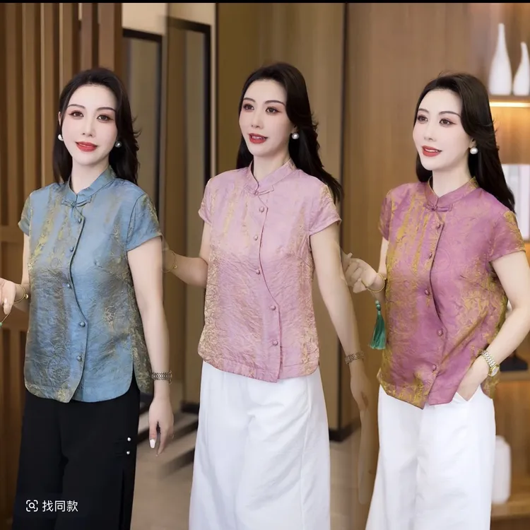 2025年洋气时尚中国风衬衫夏装夏季立领短袖宽松民族风气质上衣