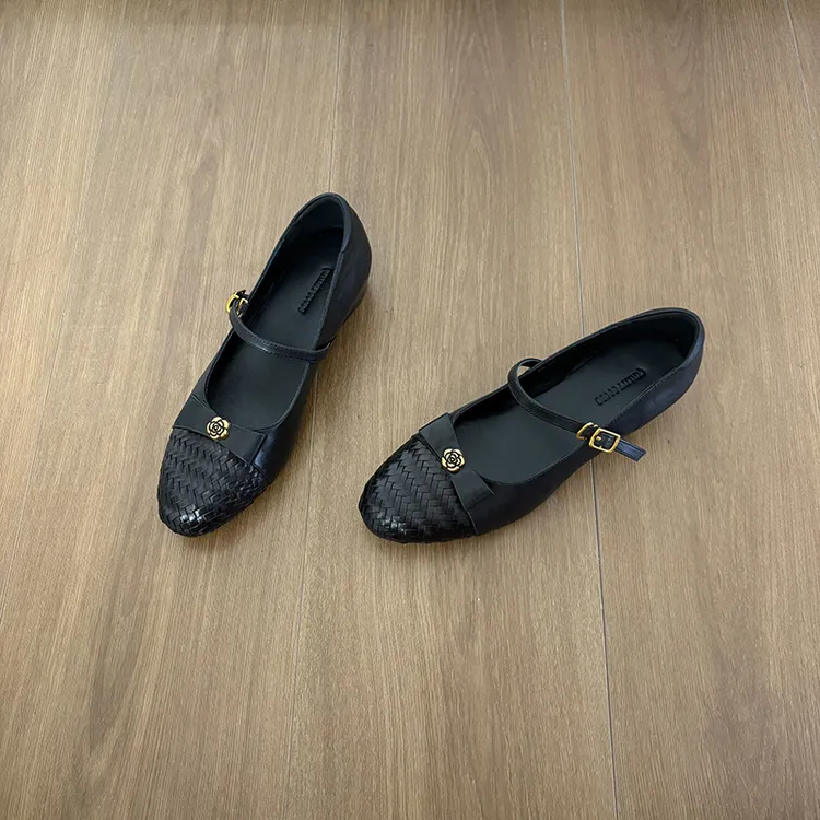 栖屿森~法式小香风中跟女鞋单鞋真皮编织复古软一字带玛丽珍鞋女