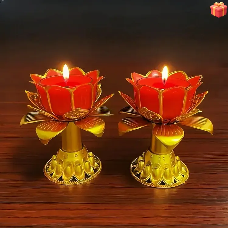 高脚金边莲花玻璃杯芯塑料镀金底座中秋过年节日红色蜡烛家用无烟