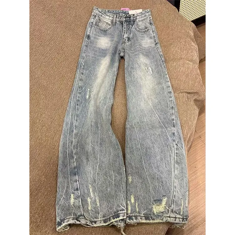 浅蓝色闪电纹破洞牛仔裤男女同款夏季美式复古裤子直筒弯刀微喇裤