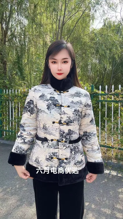 新中式国风加绒加厚气质半高毛领棉袄冬季修身显瘦保暖短款花棉袄