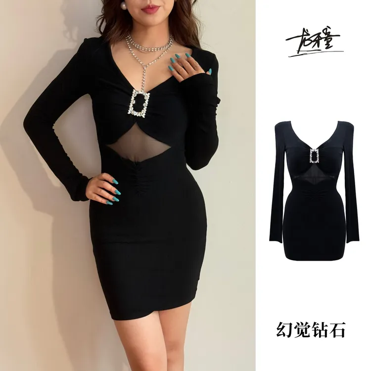 龙牙童推荐【幻觉钻石】V领套头款性感长袖连衣裙显瘦修身女装黑色