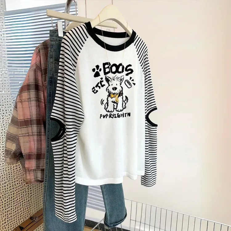 2025春夏新款大码女装撞色插肩条纹镂空长袖女韩版宽松胖MM上衣潮