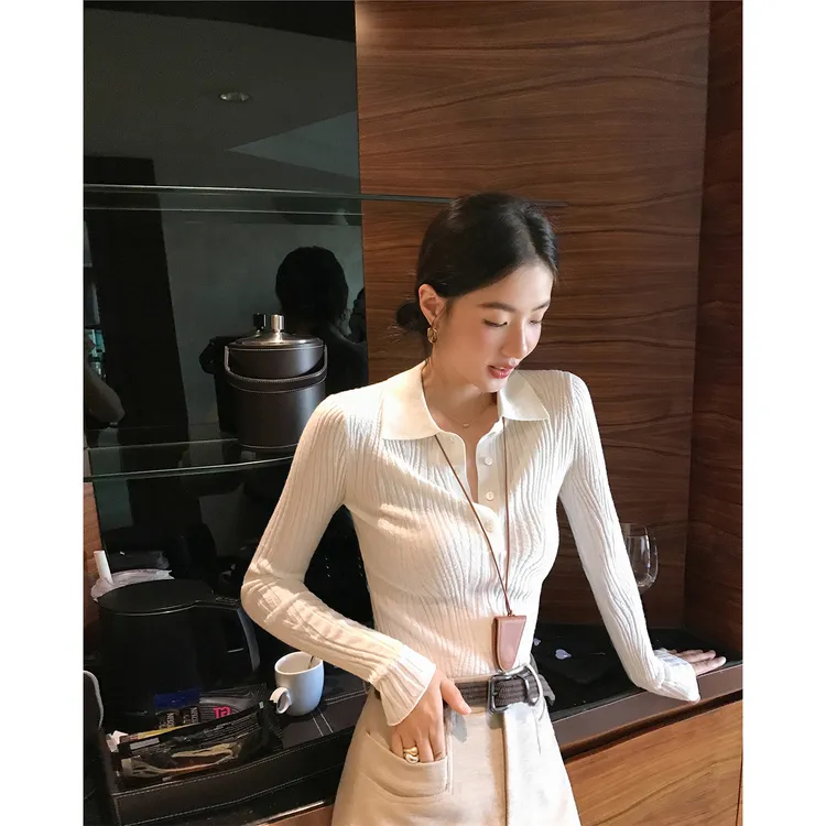 ADA MISS时髦翻领全羊毛polo衫修身显瘦针织打底上衣女秋冬新款白