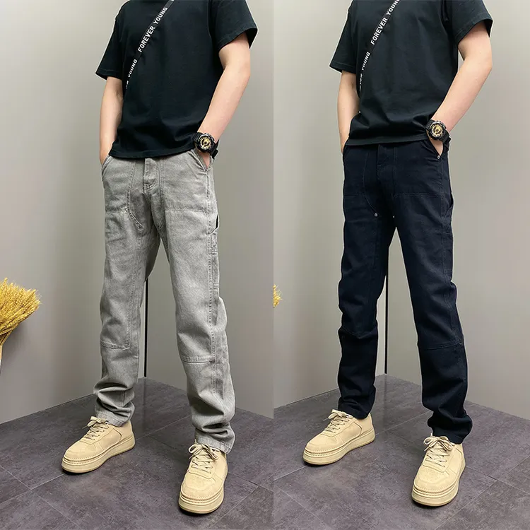 2025秋季痞帅时尚简约直筒男裤拼接纯色修身长裤潮流多口袋休闲裤