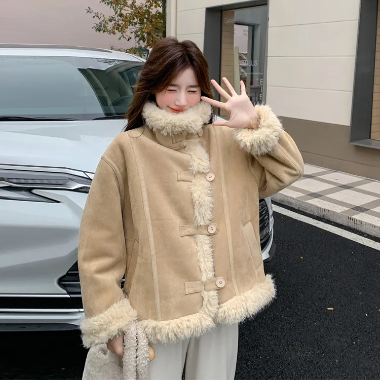 皮毛一体外套女2024冬季新款氛围感毛绒绒拼接韩系加绒加厚机车服