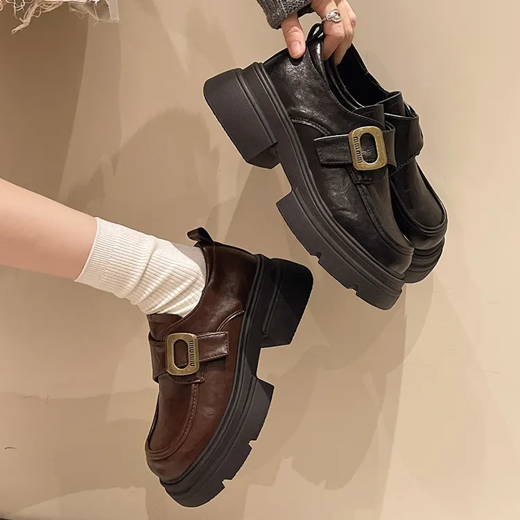 厚底黑色小皮鞋女2025春季新款增高英伦风乐福鞋松糕JK鞋通勤单鞋