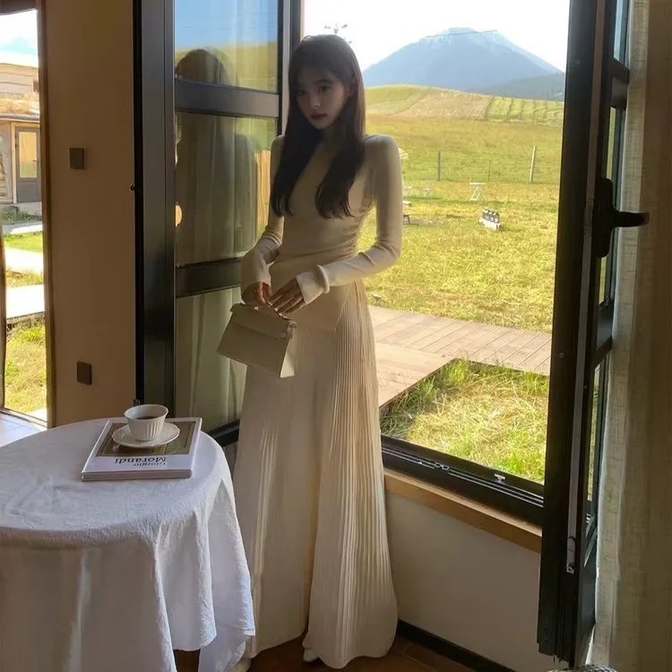 女神范气质套装女不规则下摆开叉设计长袖上衣+半身裙两件套