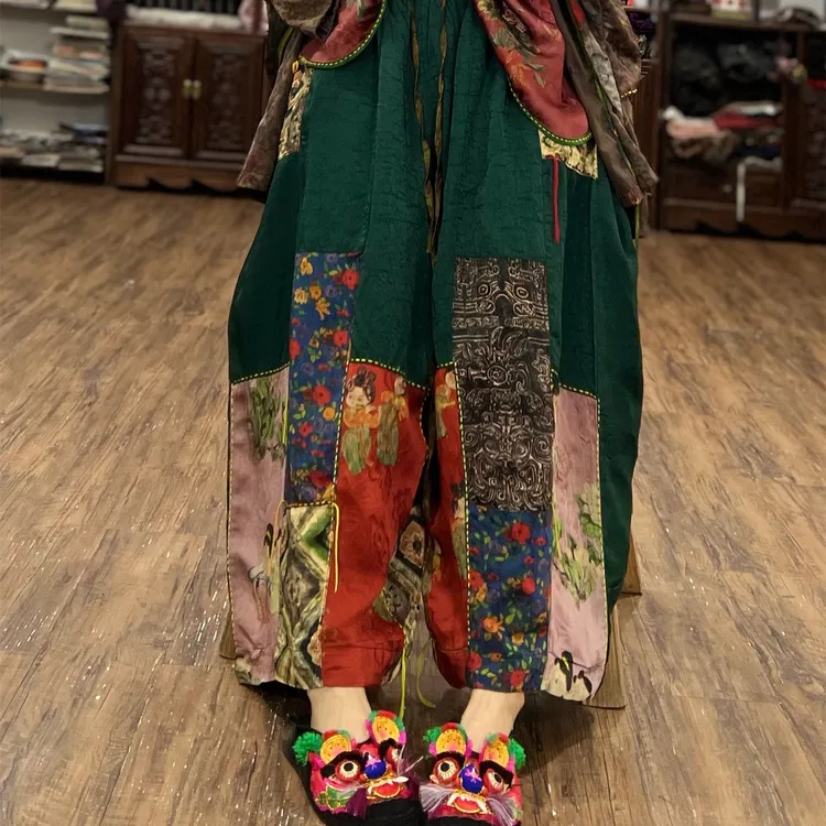 中古风双层龟裂纹贴布花萝手工绣线重工直筒裤秋季新古韵酷飒长裤