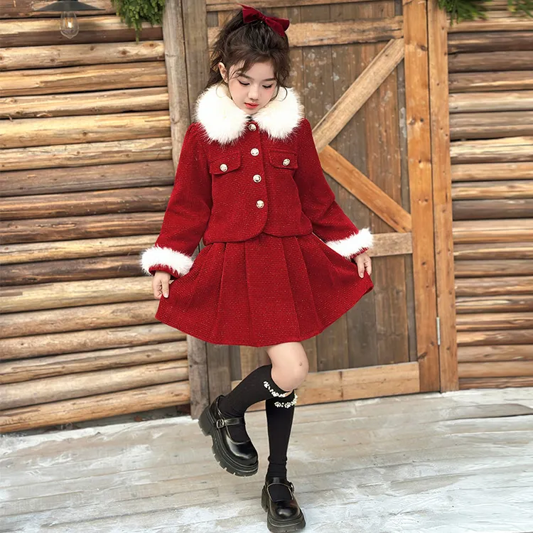 韩系童装女童洋气时髦套装2025新年服中大童千金风红色裙子两件套