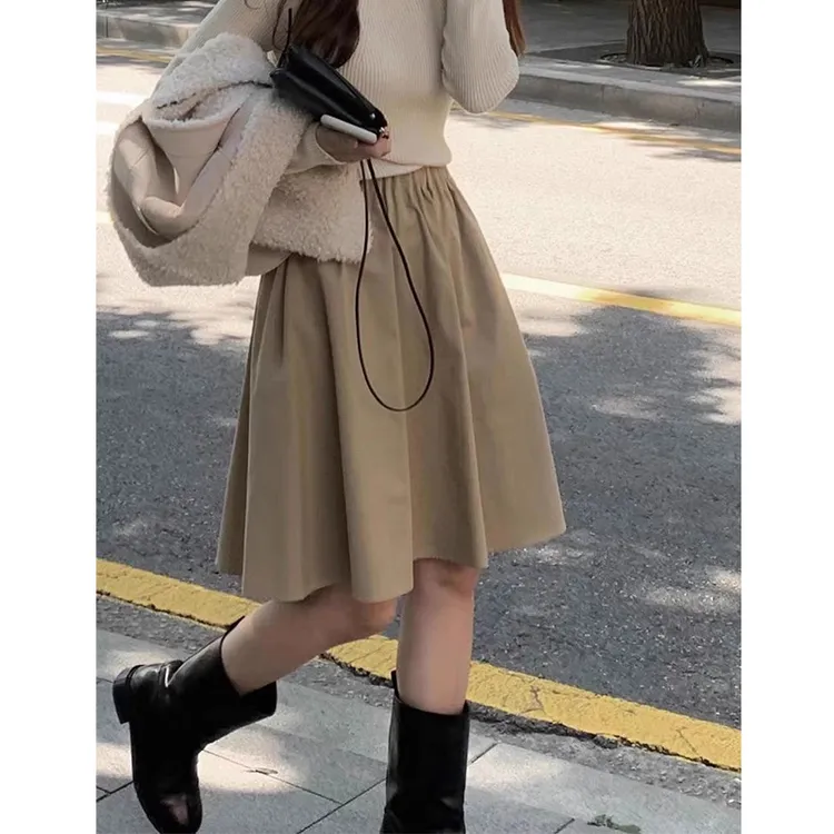 四季款高腰卡其伞裙韩版中裙气质半身裙休闲风黑色松紧腰蓬蓬裙子
