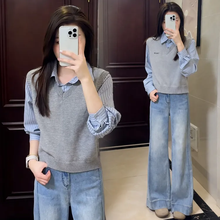 小个子时髦洋气针织背心衬衫女2025年春秋季新款休闲假两件上衣