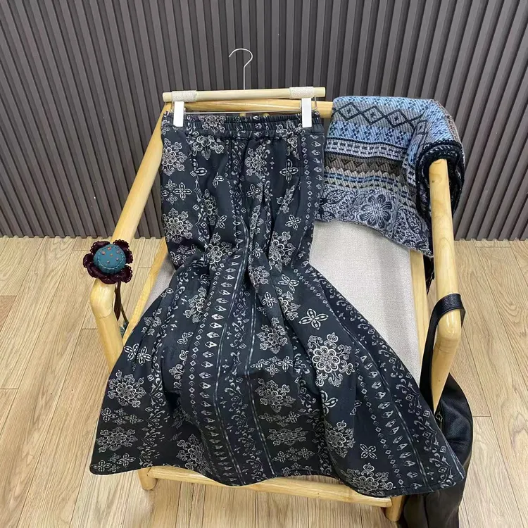 秋冬复古纯棉印花加绒半身裙宽松百搭文艺中长款A字裙女Q99112