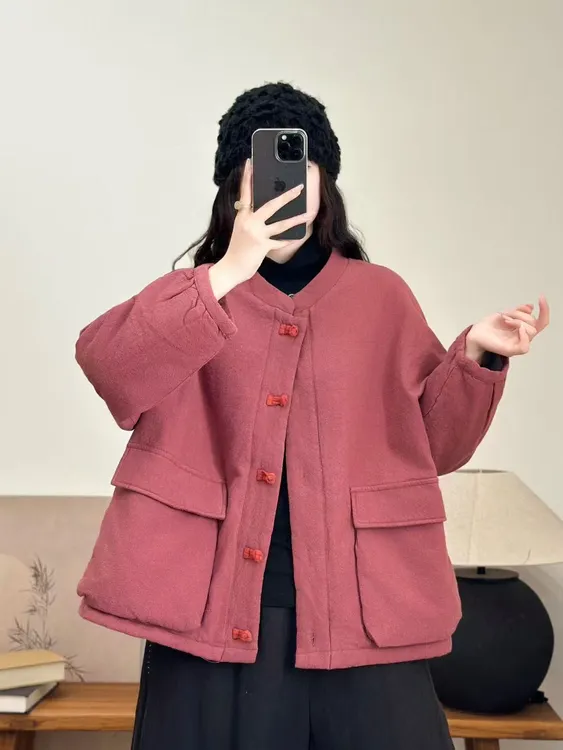 冬季新款盘扣立领时尚大口袋复古保暖大衣加厚款女棉服