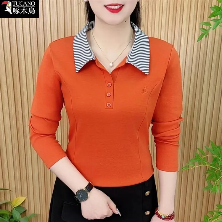 啄木鸟2025年新款刺绣纽扣翻领上衣春秋季薄款百搭长袖打底T恤女