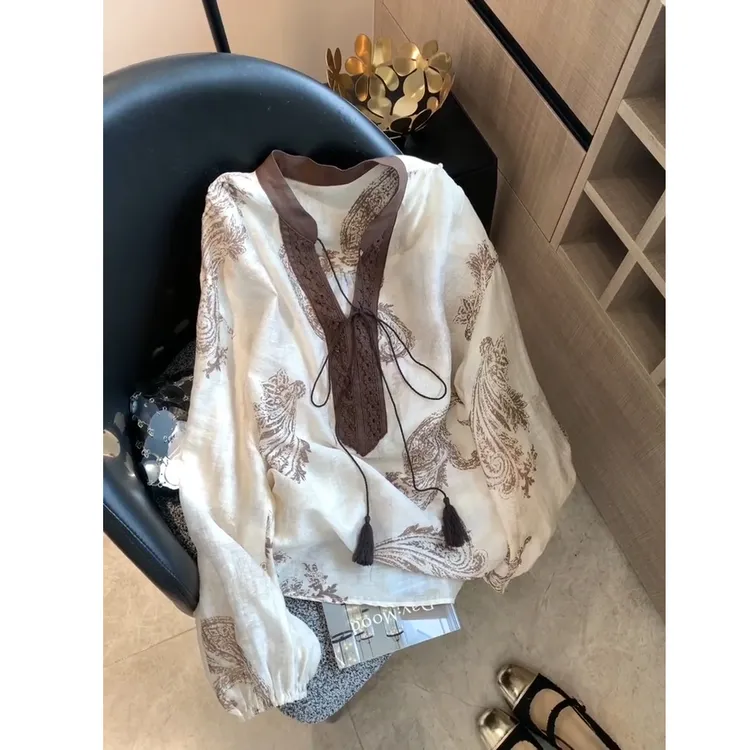 波西米亚腰果印花长袖衬衫女2025秋季气质宽松显瘦薄款休闲上衣