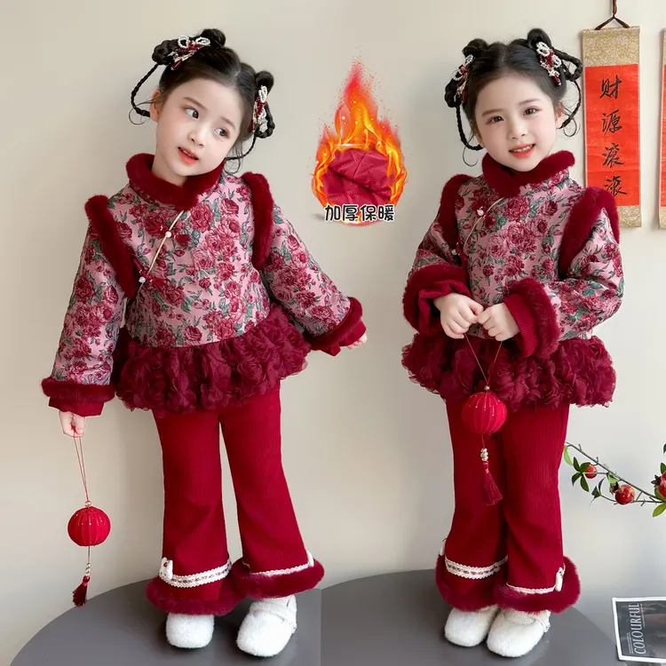 【玫瑰织锦提花套装】女童套装冬季新款付过花朵亮片拜年服两件套
