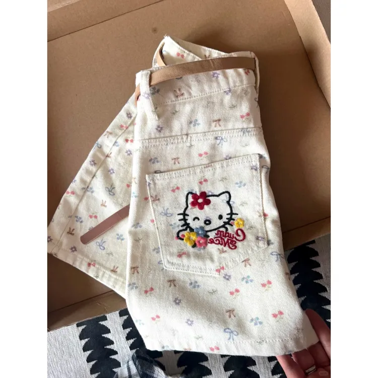美式复古碎花牛仔短裤2025夏季新款小众猫咪刺绣印花高腰休闲裤子