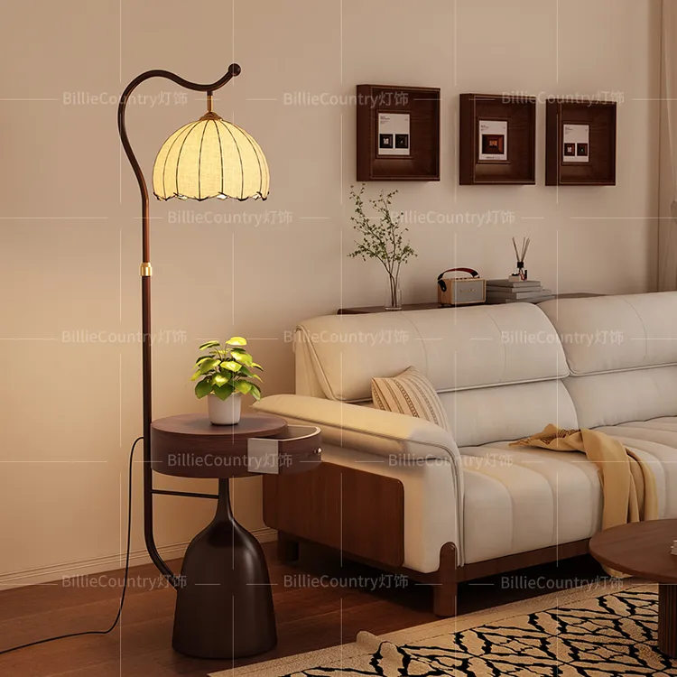 落地灯中古风卧室床头柜一体客厅沙发旁边氛围感实木台灯