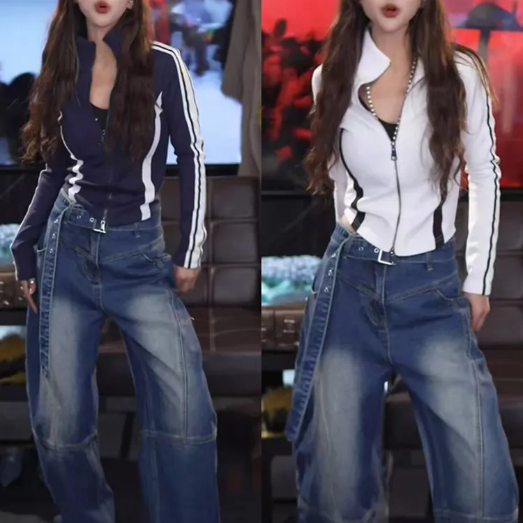 2025春季新款美式立领双拉链外套女士设计感收腰显瘦时尚百搭上衣