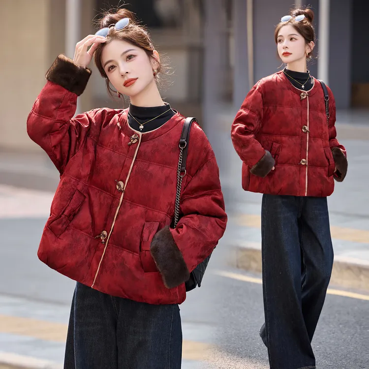 提花厚款短款女新中式白鸭绒羽绒服外套2025秋冬常规气质女单排扣